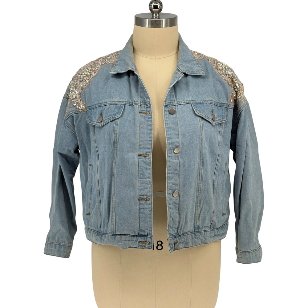 Arula Denim Jacket Light Wash Pearl Sequin Lace Embellished Size A